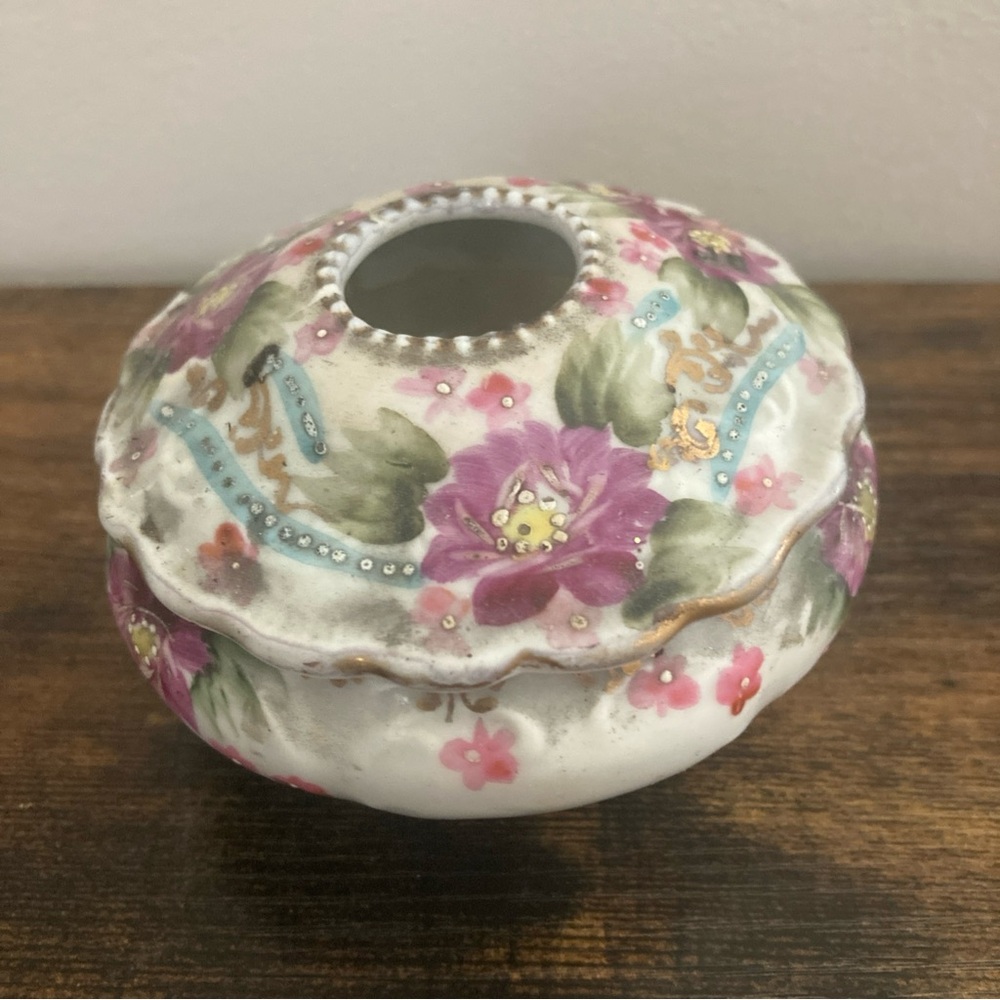 Porcelain Hair Receiver Floral Gold Vintage Pink Purple Flowers Moriage Japan